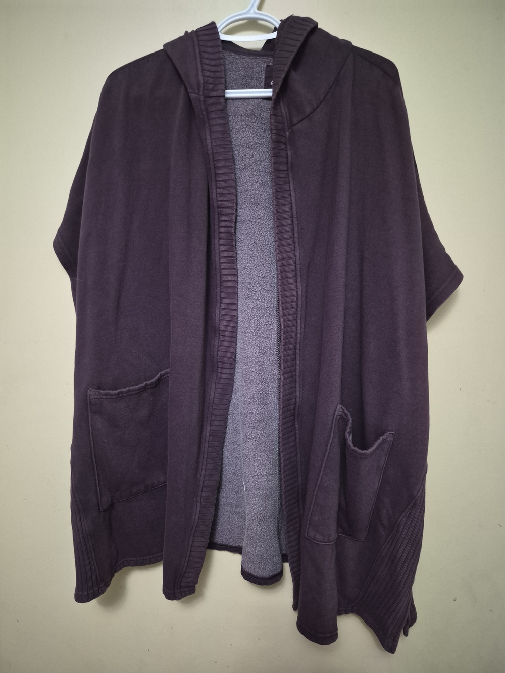 aerie Hooded Open-Front Poncho Cardigan in Plum